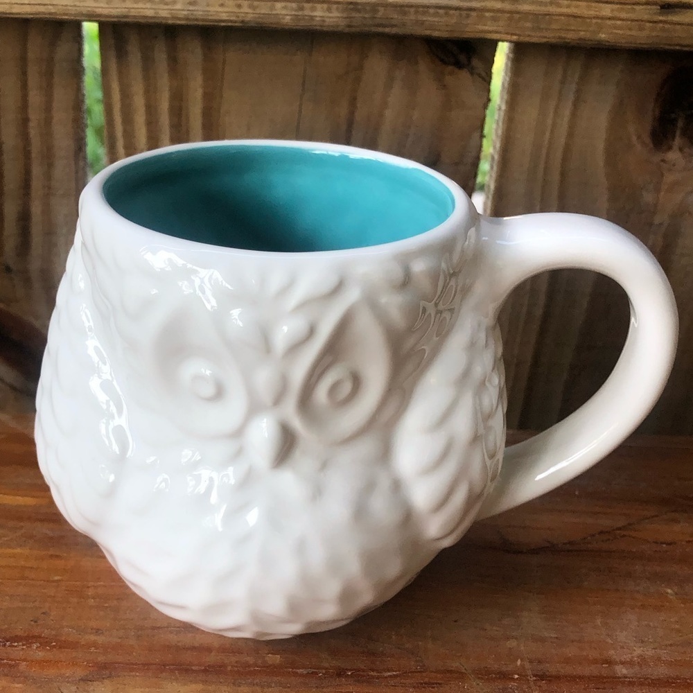 White Owl 3D Embossed Ceramic Coffee Mug Aqua Blue Inside